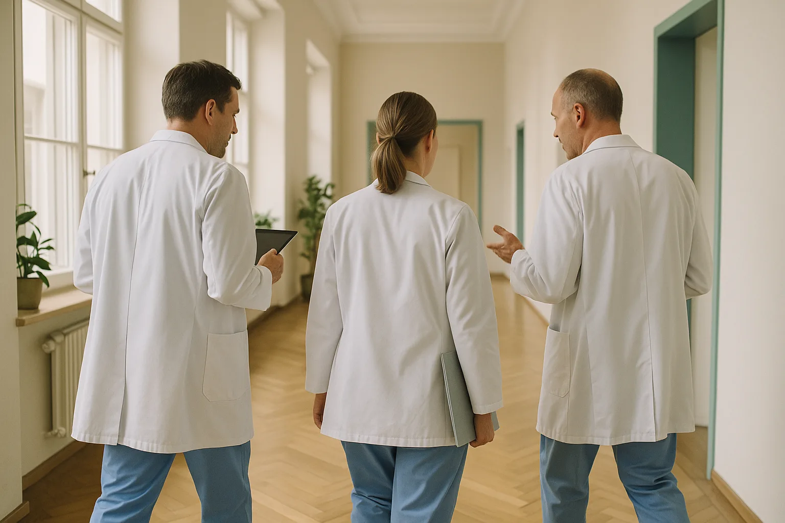Symbolische afbeelding van een medisch team in een lichte kliniekgang