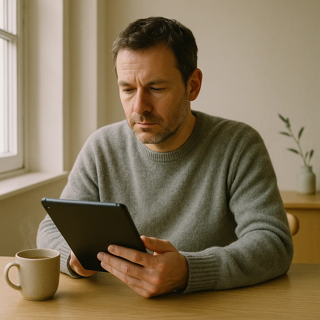 Symbolische afbeelding: persoon leest ontspannen op een tablet thuis